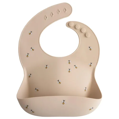 Vista 4 de Mushie - Babero de silicona para bebé, ajustable y resistente al agua (abejas) De 4 a 24 meses, lavable a máquina, correa ajustable