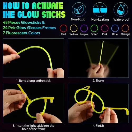 Vista 3 de Jexine Gafas brillantes que brillan en la oscuridad, suministros de fiesta, lentes de sol de palo brillante a granel neón para fiesta de cumpleaños