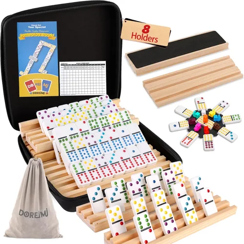 Vista 9 de Doreimi Juego de Dominó Doble 6 para Adultos con 4 Estanterías de Madera y 28 Azulejos Juego de Dominó de Viaje Juego de Mesa Clásico para Noche