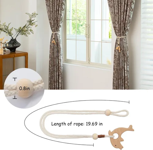 Vista 2 de Abrazaderas de madera para cortinas de animales, cuerdas de algodón, para tratamiento de ventanas con cuentas de madera natural para decoración