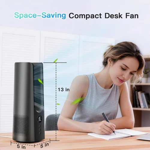 Vista 7 de KONSIDEN Bladeless Desk Fan for Office, 13-Inch Small Quiet Desktop Fan with 5 Speeds, 60° Oscillation, 1–9H Timer and LED Display, Plug-In Bedside