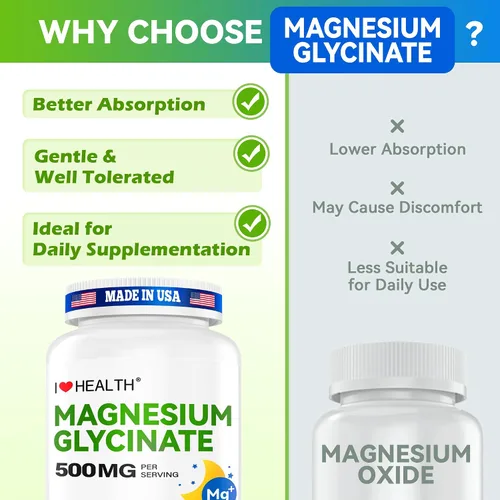 Vista 5 de Glicinato de magnesio 500 mg por cápsula – 240 cápsulas – Suplemento de magnesio de alta absorción para relajación, calma y apoyo muscular – Suave