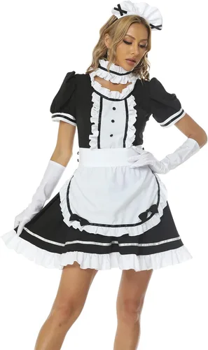 Vista 3 de Delantal de sirvienta francesa de anime Lolita, disfraz de cosplay de Halloween