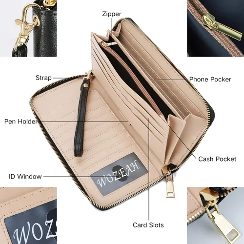 Vista 7 de WOZEAH - Cartera de piel sintética con cremallera y bloqueo RFID para mujer, ideal para viajar