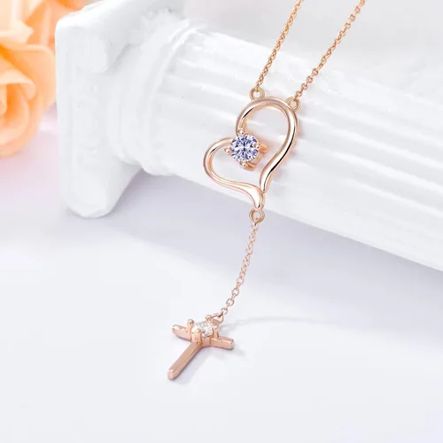 Vista 5 de DIYA Moissanite Diamond Heart Necklace for Women, 18K Rose Gold Plated 925 Sterling Silver Moissanite Birthstone Cross Necklace Lariat Necklace