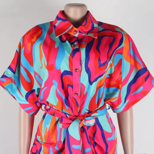 Vista 4 de Vestido largo estampado elegante fruncido con botones y manga corta con solapa y cinturón