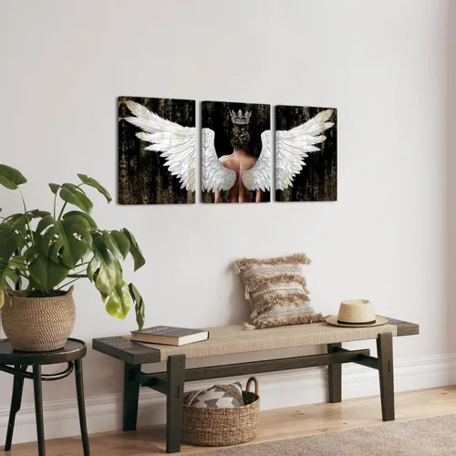 Vista 4 de OuElegent Lienzo decorativo para pared, diseño de alas de ángel doradas y negras, arte contemporáneo con corona, para sala de estar, dormitorio