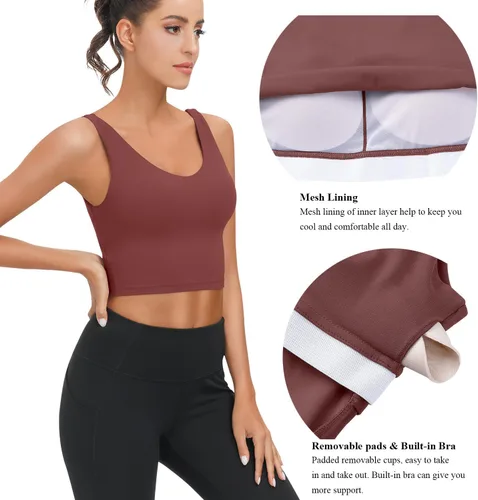 Vista 4 de SIGNEALA Sujetadores deportivos para mujer de línea larga, con cuello en V, acolchado y brasier integrado para entrenamiento, yoga, gimnasio