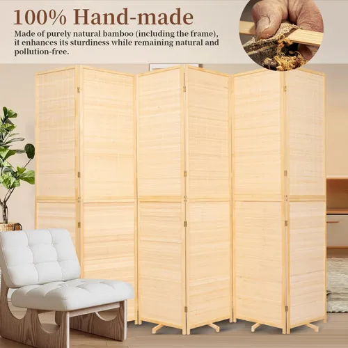 Vista 2 de Divisor de pared de bambú de 6 paneles, 106 pulgadas de ancho x 67 pulgadas de alto, diseño plegable con base extra estable, pantalla divisora