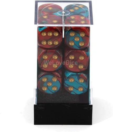 Vista 4 de DND - Juego de dados poliédricos de plástico Géminis de 0.63 pulgadas, color rojo, verde azulado y dorado, dados de mazmorras y dragones, incluye 12