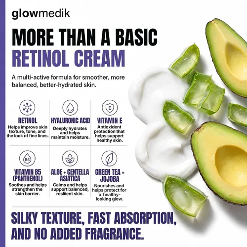 Vista 8 de Glowmedik Crema de retinol para la cara, hidratante antienvejecimiento para piel envejecida y arrugas profundas, fórmula antiarrugas con colágeno