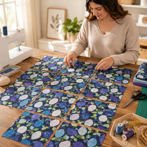 Vista 9 de Under Apple Tree - Tela de lona azul profundo – Diseños de patrones Loes Van Oosten – Colección de material de algodón ligero – Tela perfecta