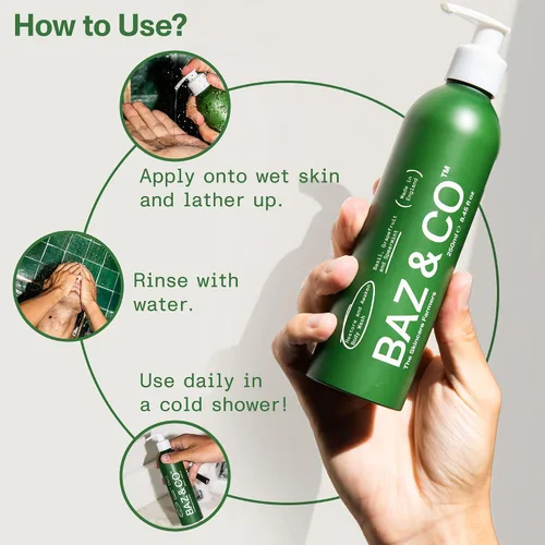 Vista 6 de BAZ & CO Gel de baño hidratante para hombre, Restore and Awaken Body Wash para hombres, 8.45 onzas líquidas con albahaca, pomelo y menta verde
