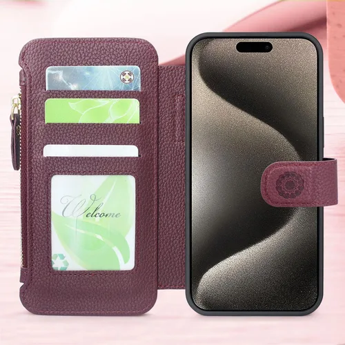 Vista 3 de Harryshell Funda compatible con iPhone 15 Pro, con carga inalámbrica MagSafe con 3 ranuras para tarjetas, bolsillo con cremallera, bolsillo