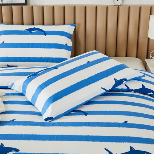 Vista 7 de Brandream Juego de ropa de cama de algodón para niños, tamaño matrimonial, juego de ropa de cama de ballena a rayas azul náutica, juego de cama