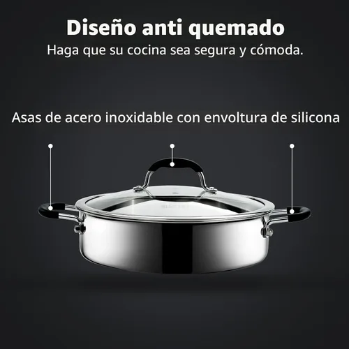 Vista 4 de SLOTTET Sartén de acero inoxidable de tres capas con tapa, sartén profunda de 5 cuartos de galón con cómodo mango de silicona, sartén de 11.5