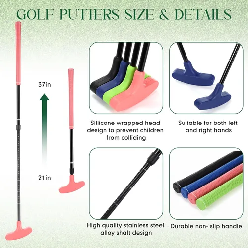 Vista 4 de MiniInflat Juego de 4 mini putters de golf con 8 bolas, 4 copas de golf y bandera, camisetas, putter de longitud ajustable de dos vías para golfista