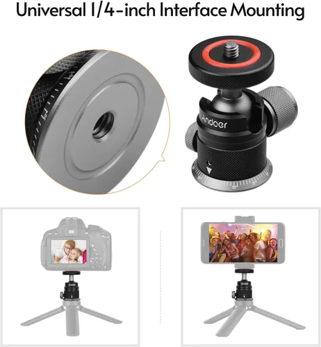 Vista 4 de Andoer DSLR - Cabezal de bola de trípode de aleación de aluminio, montaje panorámico de 360° giratorio de 180° con base escalada, montaje universal