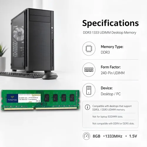 Vista 8 de Timetec - Módulo de memoria RAM de 8 GB DDR3 1333 MHz PC3-10600 Sin búfer ECC 1,5 V CL9 2Rx8 Doble rango 240 pines UDIMM Mejora de memoria
