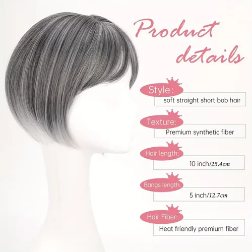 Vista 6 de Peluca de cabello sintético lacio y corto de 10 pulgadas con flequillo para mujer, cabello fino (negro)