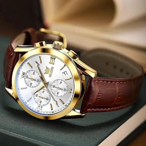 Vista 7 de OLEVS Reloj cronógrafo de cuarzo para hombre correa de cuero dorada con fecha de día reloj de pulsera de acero inoxidable impermeable relojes