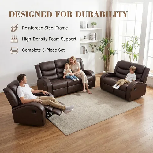 Vista 6 de Juego de sofá reclinable de 3 piezas, juego de muebles de sala de estar, sofá reclinable seccional de cuero, sofá reclinable manual, cómodo asiento
