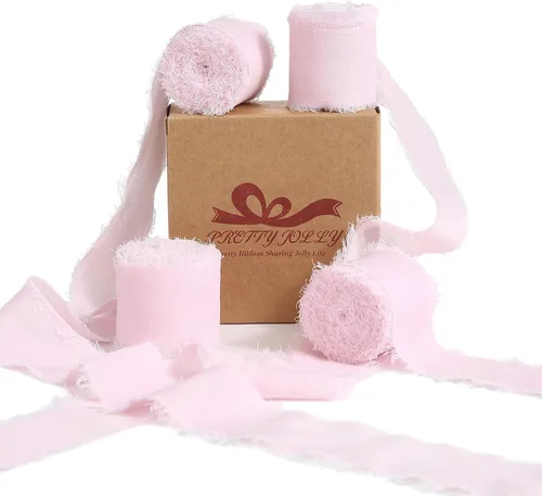 Vista 11 de Pretty Jolly Cinta de gasa beige para envolver regalos, 3 rollos de 2 pulgadas x 7 yardas, cinta de tela de seda hecha a mano con flecos para ramo