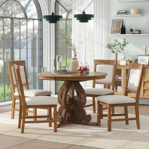 Vista 3 de VilroCaz Juego de comedor funcional retro de 5 piezas, mesa de comedor extensible de madera maciza con una hoja de 16 pulgadas y 4 sillas tapizadas