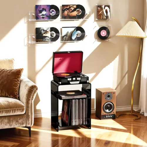 Vista 9 de Mesa de tocadiscos de acrílico con estante de almacenamiento, mesa auxiliar transparente mesita de noche (negro, mediano)