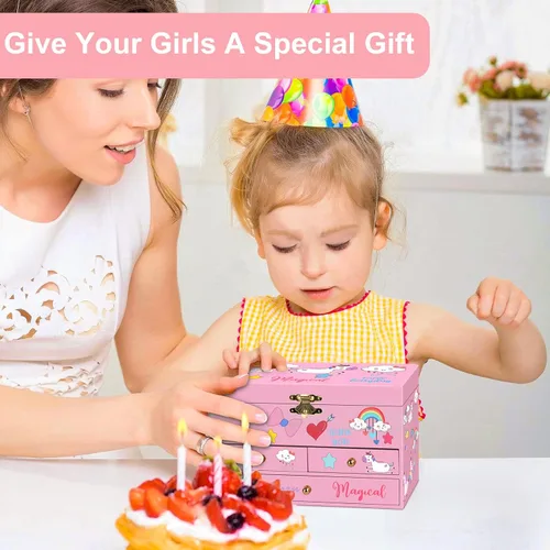 Vista 7 de Joyero musical para niñas con diseño de unicornio y bailarina giratoria, 3 cajones extraíbles, juego de joyería de unicornio incluido, caja