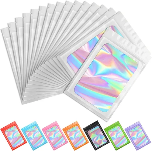 Vista 18 de Funfery 100 bolsas holográficas de Mylar naranja, cremallera resellable