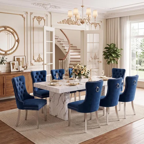 Vista 16 de Ebullient 79" White Dining Table Set for 8, Faux Marble Table & 8 Chairs Cream Chairs