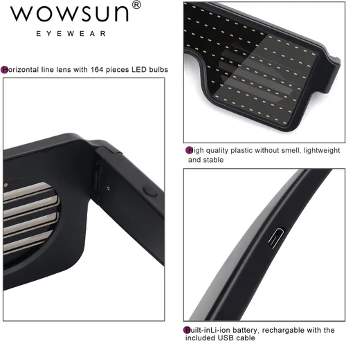 Vista 3 de WOWSUN Gafas LED con luces LED dinámicas para fiestas festivales Navidad USB recargables LED con luces intermitentes