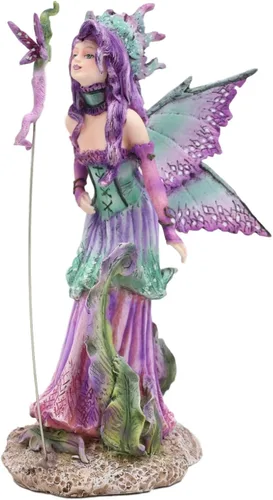 Vista 3 de Ebros Amy Brown Pixie Gossip Enchanted Elf Fairy FAE Damisela con ninfa púrpura índigo, estatua de libélula de 7.5 pulgadas de alto, fantasía mítica