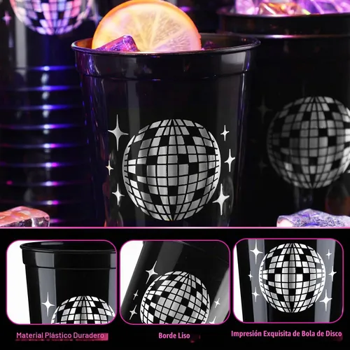 Vista 5 de Uiifan 30 tazas de bola de discoteca para fiesta de discoteca de 16 onzas reutilizables de plástico para despedida de soltera para vaquera Negro