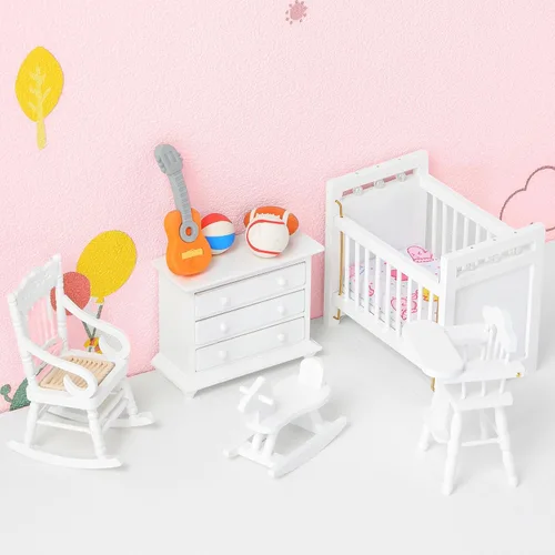 Vista 7 de Silipull Juego de 5 piezas de muebles de madera para casa de muñecas escala 1:12, miniatura, muebles de dormitorio de madera, accesorios de casa