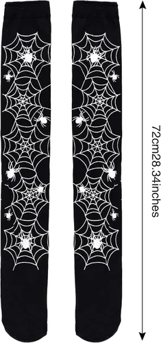 Vista 3 de Boao Calcetines altos hasta la rodilla de Halloween para mujer, hasta el muslo, largos por encima de la rodilla, medias de murciélago araña