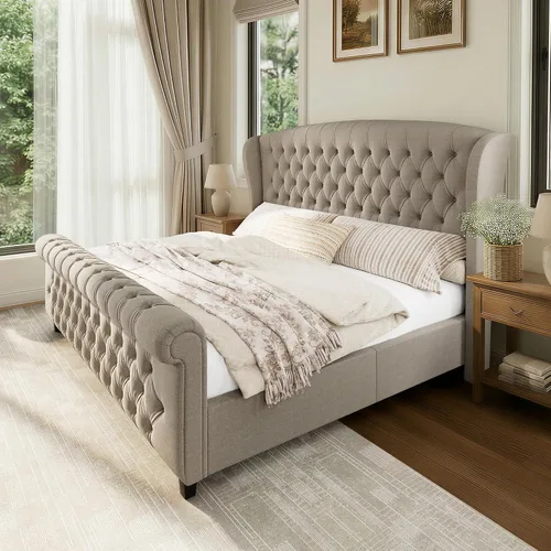 Vista 12 de LUXOAK Estructura de cama tapizada tamaño Queen con cabecera capitoné Negro