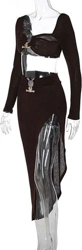 Vista 8 de Vestido de dos piezas para mujer, sexy, ajustado, con abertura, manga larga, para club, salida nocturna, maxi vestidos de fiesta