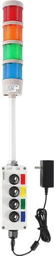 Vista 14 de Luz LED de torre Andon de 4 pilas con zumbador Red/Yellow/Green/Blue, On/Off, ABB Switch, 16 ft Extension Cable, Mean Well 120V-24V Adapter