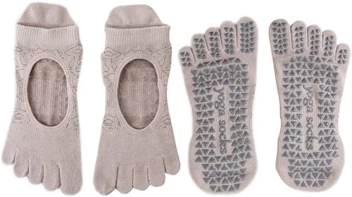 Vista 4 de Calcetines antideslizantes de cinco dedos para mujer, adecuados para ballet, yoga, pilates, barre, fitness, antideslizantes, 2 pares