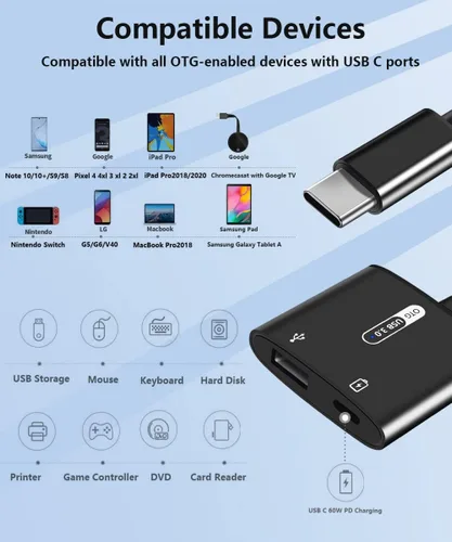 Vista 2 de Adaptador USB C OTG con alimentación, 2 en 1 USB C a USB hembra con adaptador de carga PD de 60 W compatible con iPhone 17/16/15, iPad Pro/Air 6