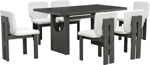 Vista 6 de Merax Juego de comedor retro de 7 piezas para 6, mesa rectangular de madera de goma con base de caballete diseñada y 6 sillas tapizadas para comedor