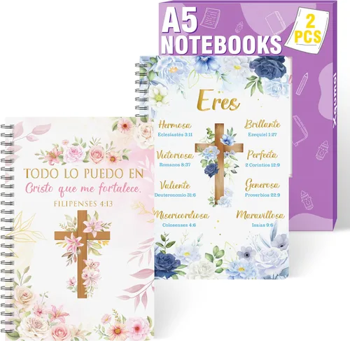 Vista 10 de Xqumoi - Paquete de 2 cuadernos en espiral A5 azules con lazo coqueto, cuadernos religiosos, versos bíblicos motivacionales, cuadernos de escritura