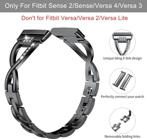 Vista 2 de Wearlizer Correa de metal compatible con Fitbit Versa 4/Versa 3/Sense/Sense 2 bandas para mujer, elegante pulsera de acero inoxidable con diamantes