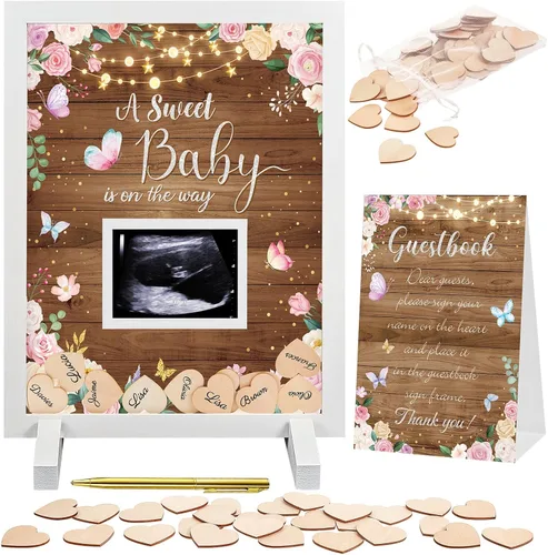 Vista 8 de Alternativas de libro de invitados Kosiz para Baby Shower, decoraciones de baby shower con corazones de madera para 60 invitados, marco de foto