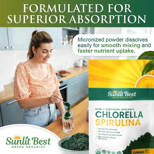 Vista 6 de Sunlit Best USDA Organic Chlorella Spirulina en polvo – Fuente 100% cruda y vegana de proteína y clorofila Bebida energética de superalimentos sin
