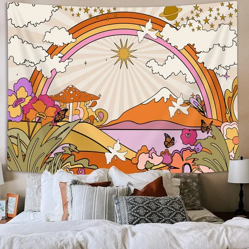 Vista 2 de TOMOZ Tapiz vintage de los años 70 y 60, diseño retro de flores, nubes, sol y arco iris, tapiz para colgar en la pared, tapiz psicodélico bohemio
