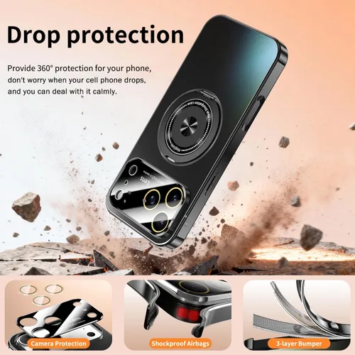 Vista 6 de Funda para iPhone 17 Pro Max con soporte magnético giratorio [cubierta de cámara integrada] [compatible con MagSafe] Funda delgada de protección a