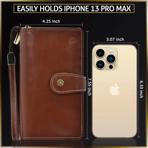Vista 3 de Leather SR Cartera de cuero de grano superior para mujer de gran capacidad con bloqueo RFID 24 ranuras para tarjetas 9 compartimentos